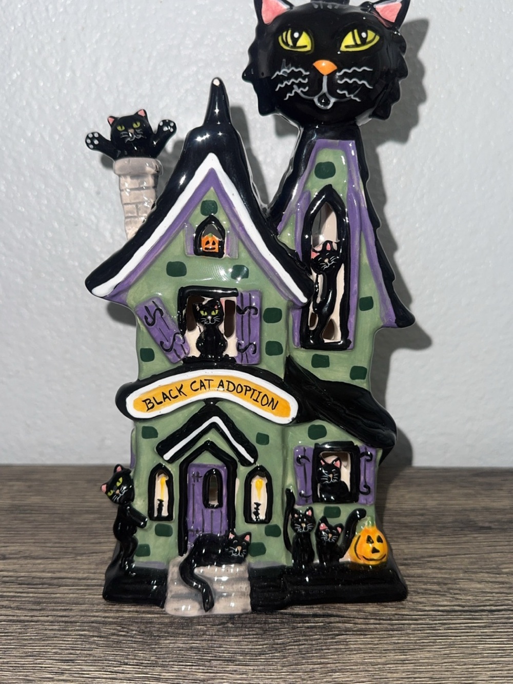 Blue Sky Clayworks HALLOWEEN "BLACK CAT ADOPTION" Tealight Candle House - NWOT